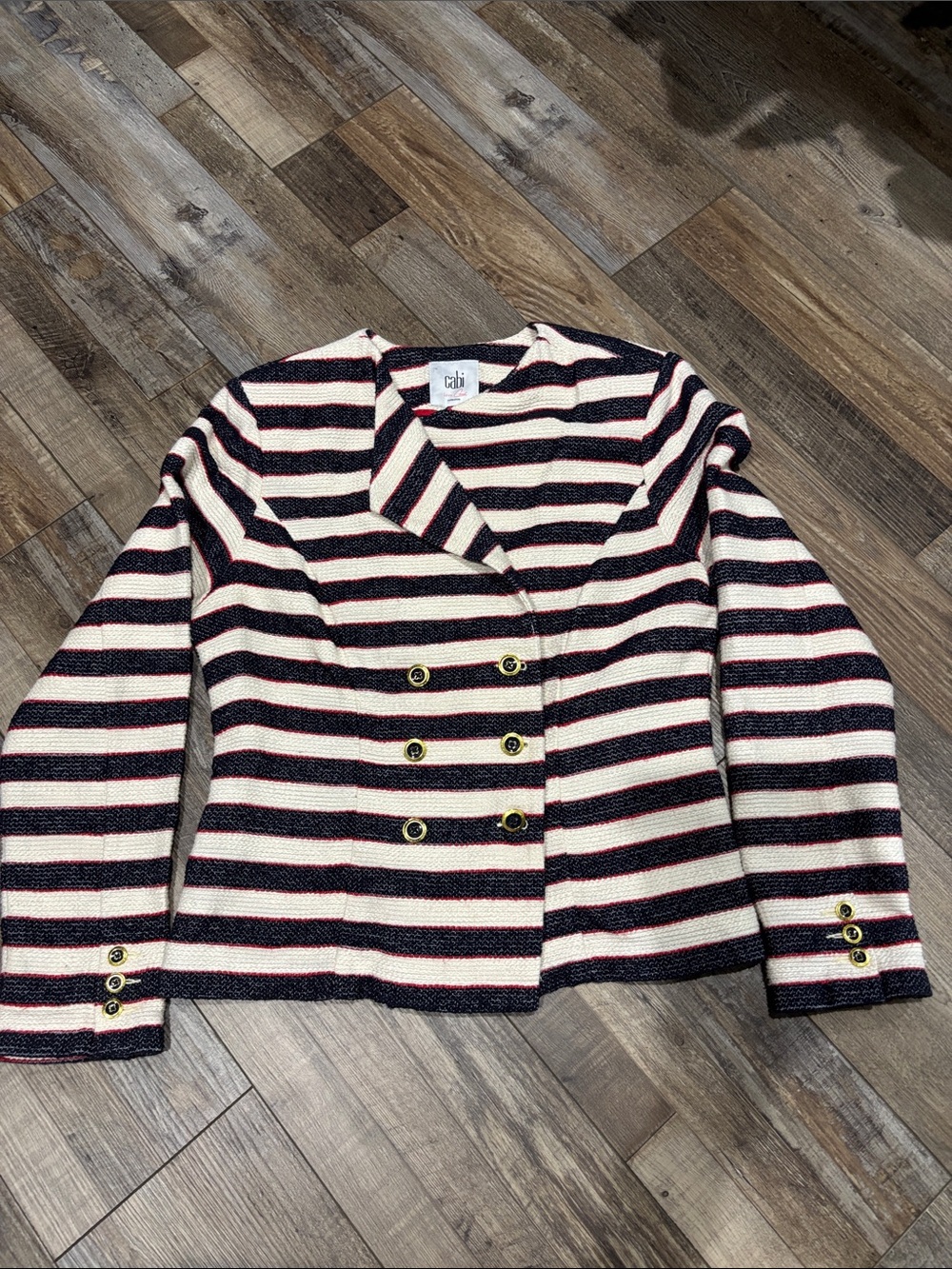 CAbi Striped Double-Breasted Blazer in Cream, Navy & Red